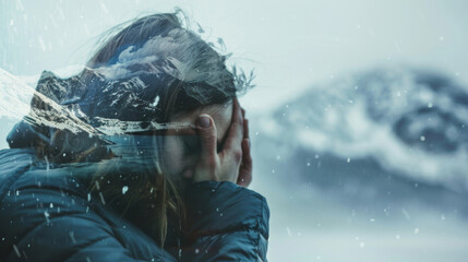 Winter season depression concept image with silhouette of a sad depressed woman letting see a snowy mountain landscape