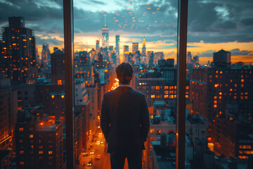 A businessman paces in front of a city skyline, contemplating important decisions that shape the future of his company, embodying the weight and responsibility of leadership in the pursuit of success