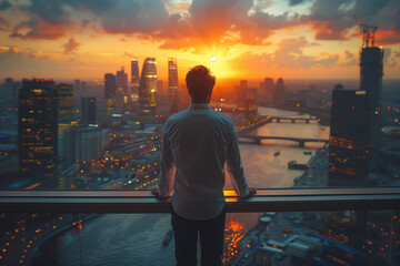 A businessman paces in front of a city skyline, contemplating important decisions that shape the future of his company, embodying the weight and responsibility of leadership in the pursuit of success - obrazy, fototapety, plakaty