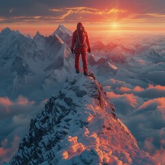 A person stands at the top of a mountain, metaphorically representing the pinnacle of their career success, having made bold decisions along the way - obrazy, fototapety, plakaty