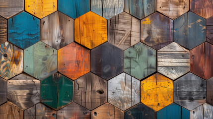 Multicolored seamless parquet floor with hexagonal pattern made of barn boards. Old wood texture background