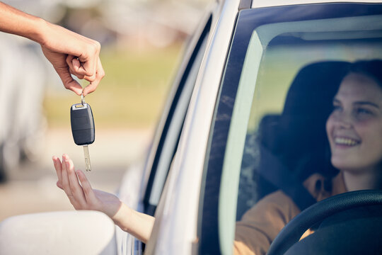 Hands, woman and happy in car with keys as customer, driver and satisfied with purchase at dealership. Female person, vehicle and smile for payment, buying and savings for shopping and owner