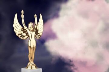 Golden winner award on sky background