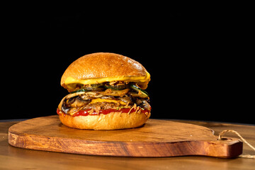 Indulge in a deluxe burger crafted from savory beef, molten cheese, and artisanal bun. A culinary...