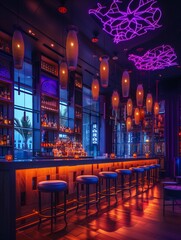 Neon-Lit Bar Interior with Purple and Orange Lighting