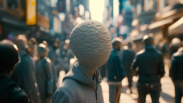 A man with a white featureless head is standing in a busy city street. The scene is bustling with people walking and talking, and there are several backpacks and handbags scattered throughout the area