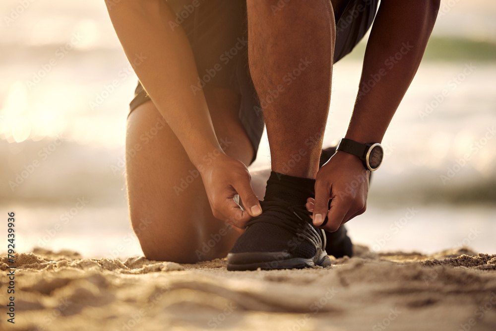 Canvas Prints Tie, beach or hands of person with shoe lace for fitness training, exercise or running workout on sand. Runner, closeup or legs of sports athlete with footwear ready to start exercising in nature