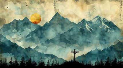 Fotobehang A serene depiction of the cross set against a backdrop of snow-capped mountains, invoking a feeling of awe and spiritual renewal. Religious background. © pengedarseni
