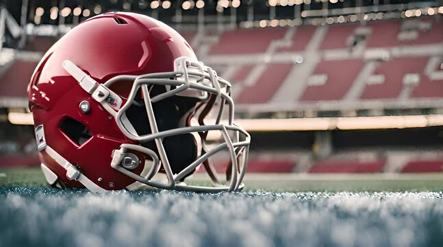 Football Helmets on a Yard Line Below Stadium