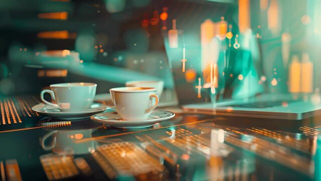 A laptop is on a table with two white cups. The image has a futuristic and technological vibe, with the laptop and cups being the main focus