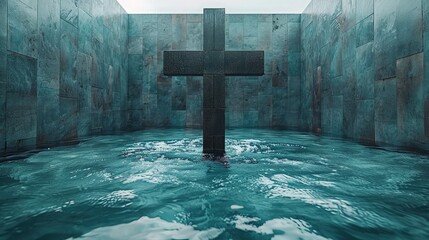 A religious-themed background featuring a clean wall backdrop with a prominent cross in the center, offering a minimalist and serene atmosphere for spiritual content.