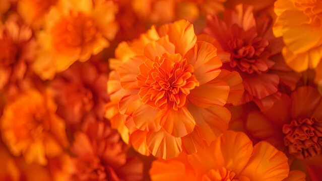 A close up of a bunch of orange flowers. The flowers are arranged in a way that they are all facing the same direction. Concept of warmth and happiness
