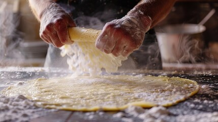 Closeup of a chef meticulously folding a crepe the batter spreading evenly and creating a delicate lacy pattern on the hot griddle. . - obrazy, fototapety, plakaty