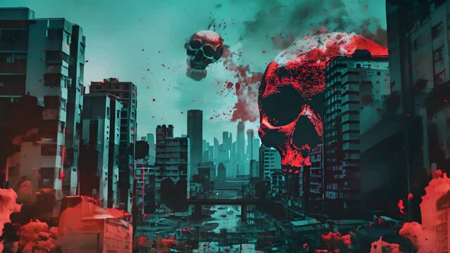 A cityscape with a skull and two skulls flying through the air. The skull is surrounded by red paint, giving the scene a dark and ominous mood