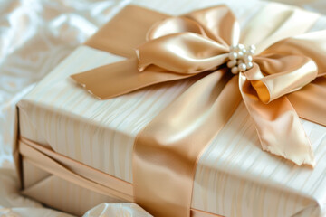 A wrapped gift box with a gold color bow on top, luxury and feminine present box - Powered by Adobe