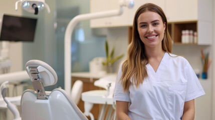 Obraz premium A dental hygienist smiling in front of a dental chair at clinic