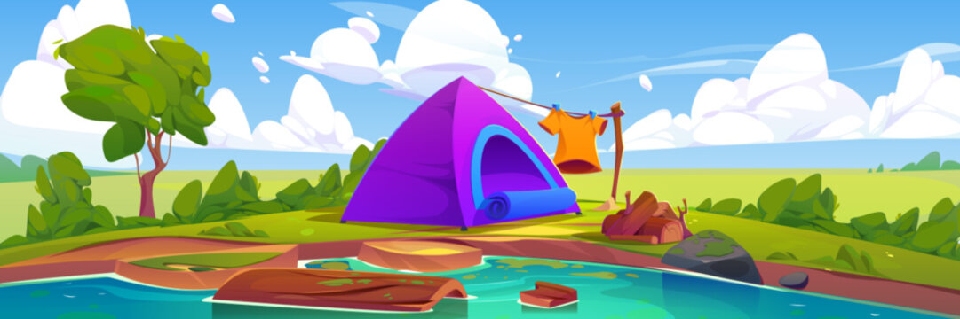 Camping tent with logs in bonfire and drying clothes on shore of lake or river. Cartoon vector summer or spring landscape with pond, green grass and trees, blue sky with clouds for outdoor eco tourism