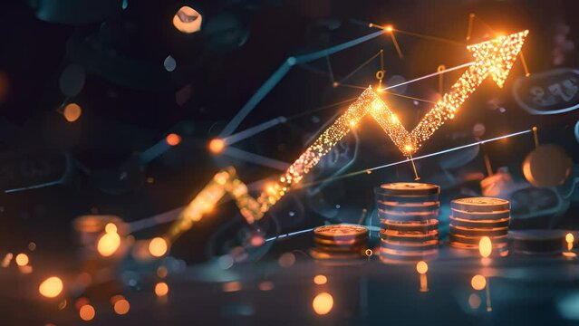 A graph with a line that looks like an arrow and a stack of coins. The graph is showing a rise in value, and the coins are stacked on top of each other
