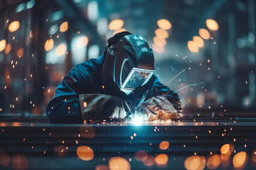 A skilled welder in protective gear meticulously joining two pieces of metal together with bright sparks flying, industrial concept. - obrazy, fototapety, plakaty