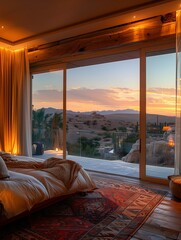 Modern Bedroom Interior with Desert View at Sunset