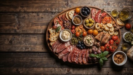 Meat plate and fruits on tray on wooden background
