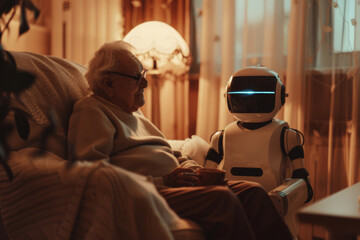 Obraz premium An elderly man sits on a couch next to a robot, robots for elderly care.