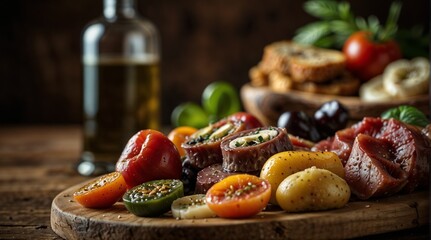 Meat plate and fruits on tray on wooden background - obrazy, fototapety, plakaty