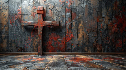A serene and contemplative environment featuring a Christian cross on a titled wall background. Religious Background. - obrazy, fototapety, plakaty