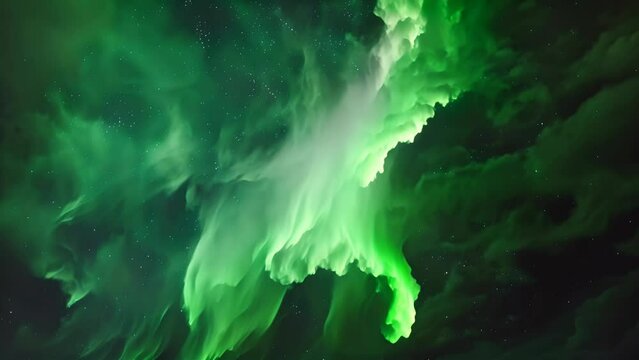 A green aurora with a bright blue flame. The image has a dreamy and ethereal quality to it