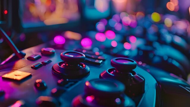 A close up of a video game controller with a red button on the top left. The controller is surrounded by other controllers, creating a sense of competition and excitement