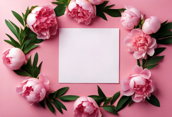 'peonies pink top square Valentine's view composition Mother's space Day lay Aesthetic copy made Flat flowers Wreath paper background template blank mockup sheet Flower Card Mockup Bouquet Elegant'