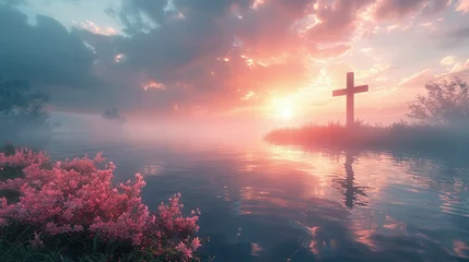 Foto op Plexiglas The cross depicted against a backdrop of a tranquil lake at dawn, with mist rising from the water, evoking a sense of peace and spiritual awakening. Religious Background. © pengedarseni