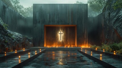 The cross illuminated by soft candlelight in a dimly lit chapel, creating an atmosphere of peaceful reverence and contemplation. Religious Background.