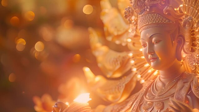 A golden statue of a Buddhist bodhisattva with a serene expression. The statue is lit up, creating a warm and peaceful atmosphere