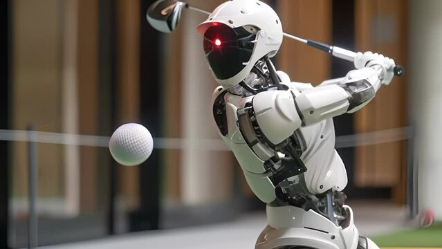A robot is swinging a golf club at a golf ball. The robot is white and has a red light on its helmet
