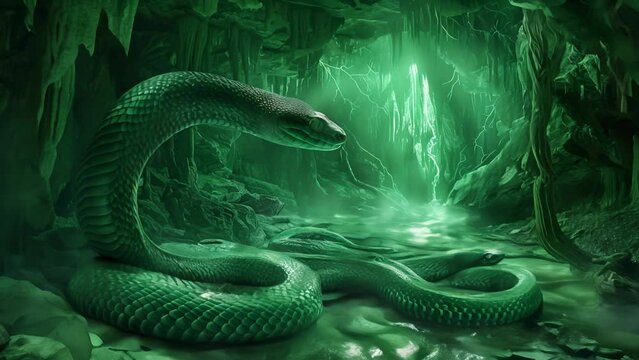 A green slither snake is curled up in a cave