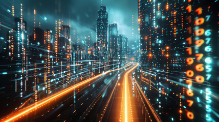 3D Rendering of abstract highway path through digital binary towers in city.