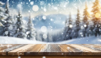 Christmas Time Presentation: Empty Wooden Table Product Display Mockup with Snow Landscape