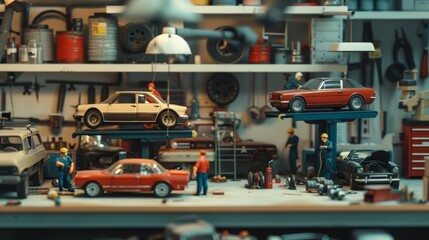 A model of a car repair shop with several cars and people working on them