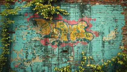 Urban graffiti on weathered brick wall