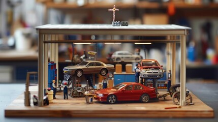 A model of a car repair shop with several cars and people working on them