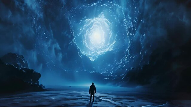 A man is walking through a cave with a blue sky above him. The cave is dark and the man is the only one in it