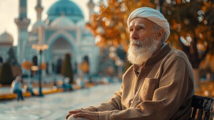 Senior elderly Asian muslim man in muslim clothes with mosque on background