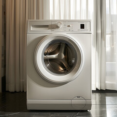 White washing machine in laundry room next to window