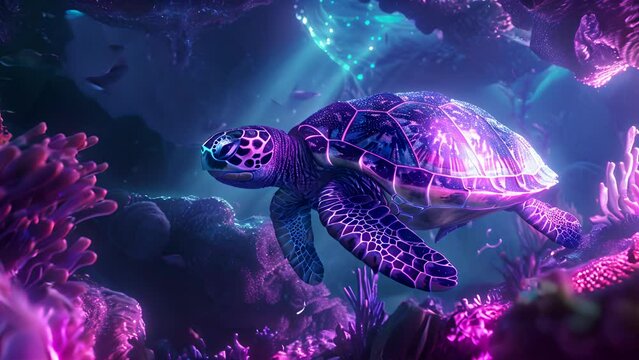 A turtle is swimming in a purple ocean. The turtle is surrounded by coral and fish. The image has a dreamy, surreal quality to it