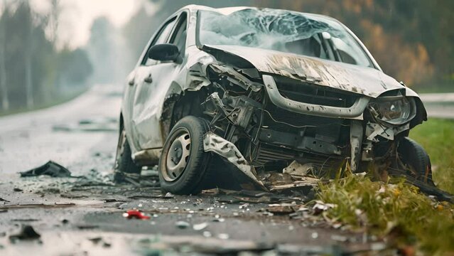 A car is in a wreck on the side of the road. The car is white and has a lot of damage. The scene is very sad and chaotic