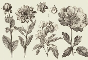 'Vintage image Flower 2d artwork isolated Floral image drawing Botanic Hand botanic set illustration flower made Illustration Decorative'