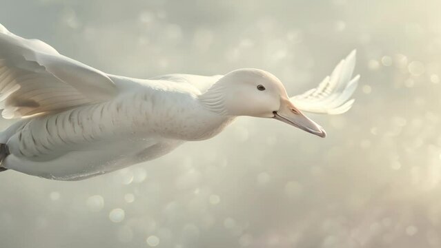 A white duck is flying in the air. The image has a serene and peaceful mood, as the duck is soaring through the sky with its wings spread wide