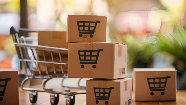 A shopping cart full of boxes with a shopping cart logo on the cart. The boxes are stacked on top of each other, creating a sense of abundance and abundance