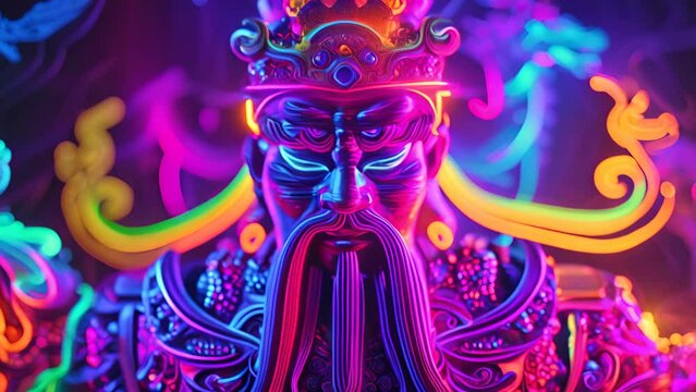 A man with a long beard and a crown is depicted in a colorful, neon light. The image has a surreal, otherworldly feel to it, with the man's features